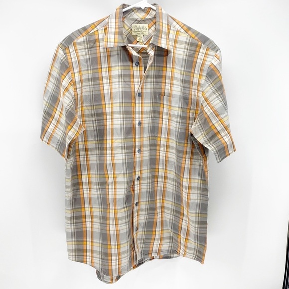 Cabelas orange brown short sleeve button down casual outdoor Gorpcore large Tall - Picture 1 of 6